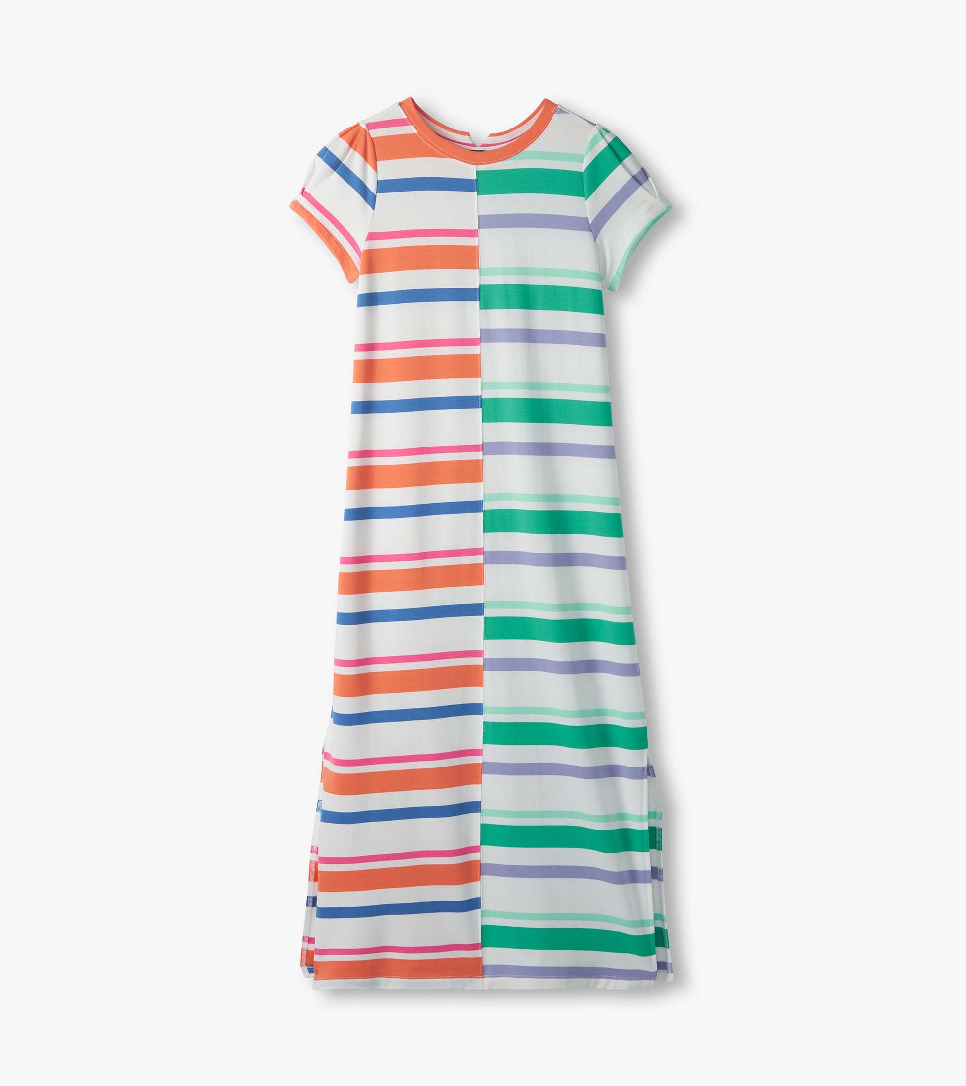 Short-sleeve midi dress with multicolor horizontal stripes and a center seam, front view