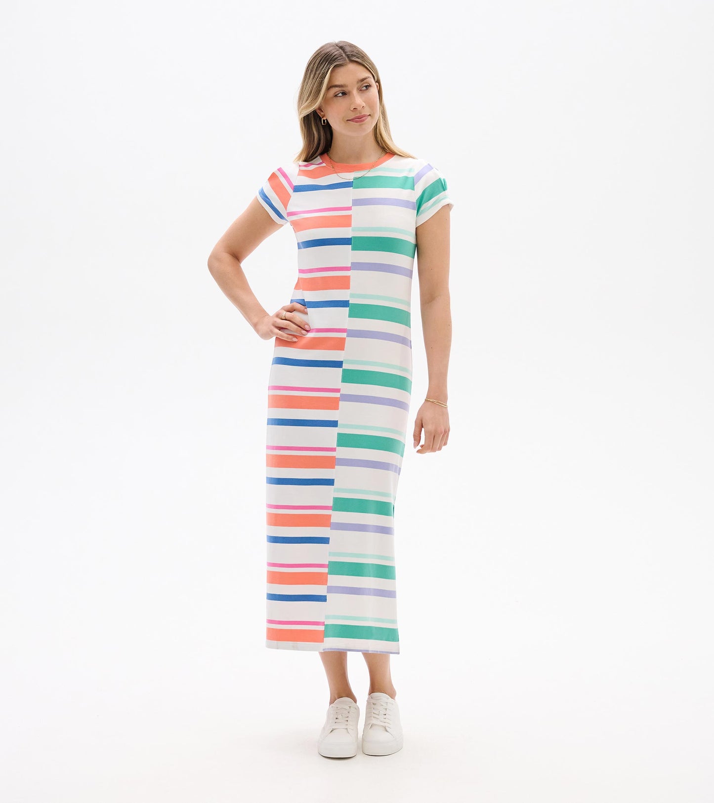 Front view of a white midi dress with multicolor horizontal stripes and short pleated sleeves
