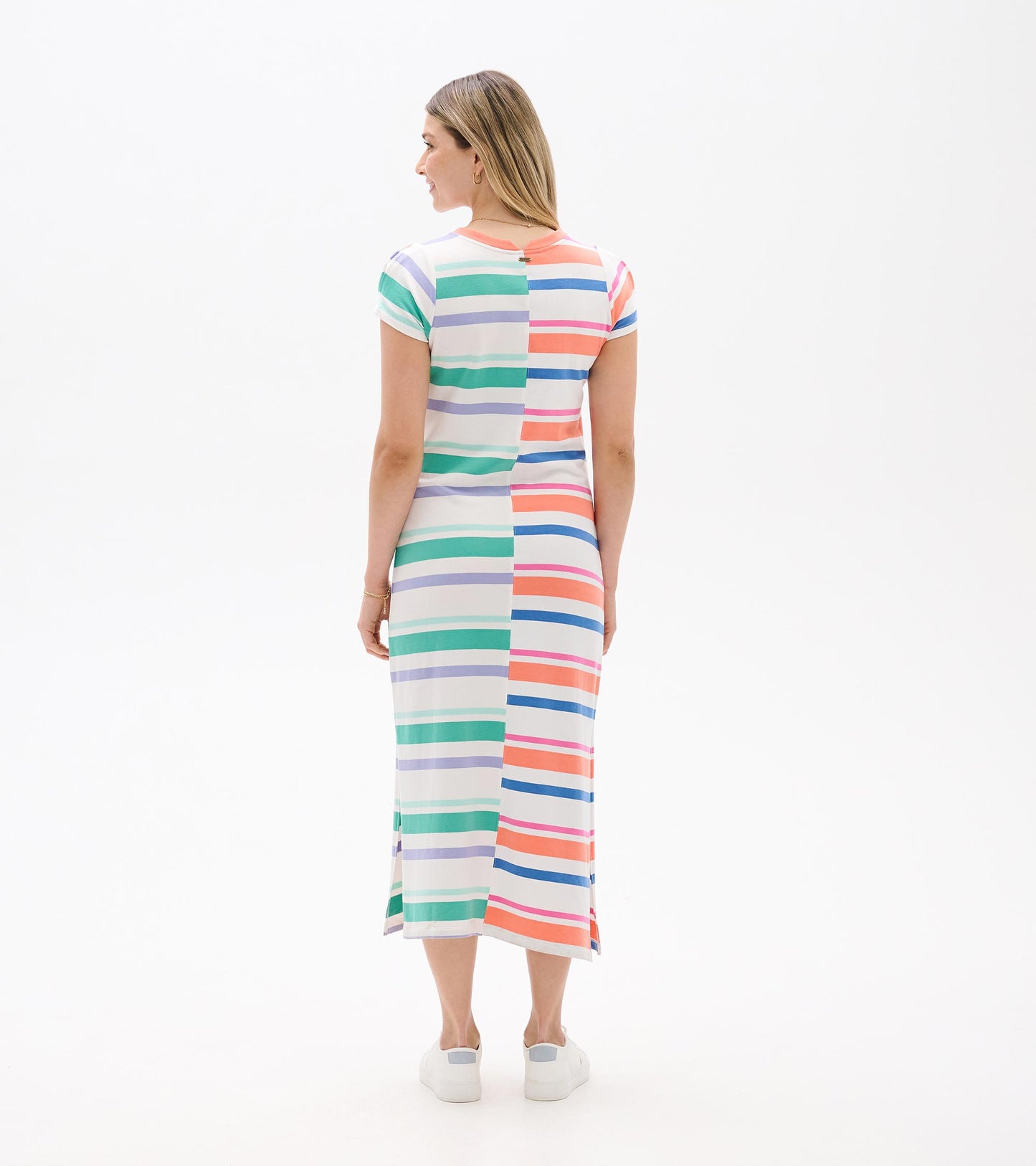 Back view of a white midi dress with multicolor horizontal stripes and short pleated sleeves