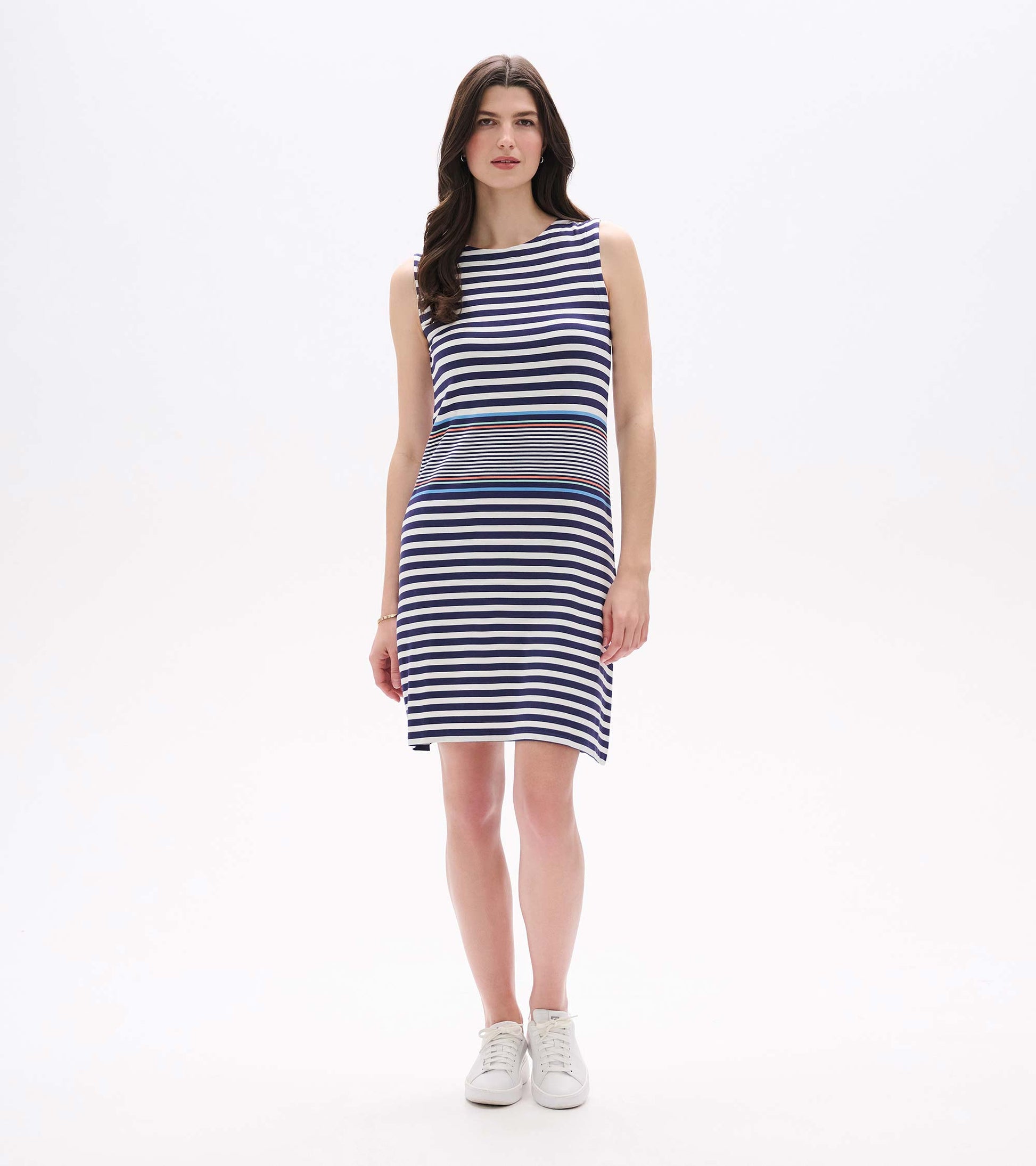 Sleeveless navy and white striped knee-length dress with multicolor horizontal stripe band at waist, front view