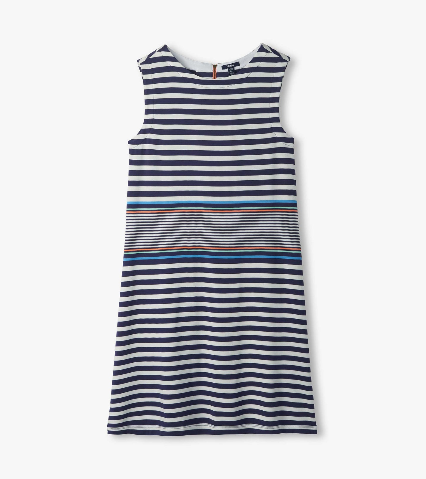 Sleeveless navy and white striped dress with multicolor horizontal accent bands, front view