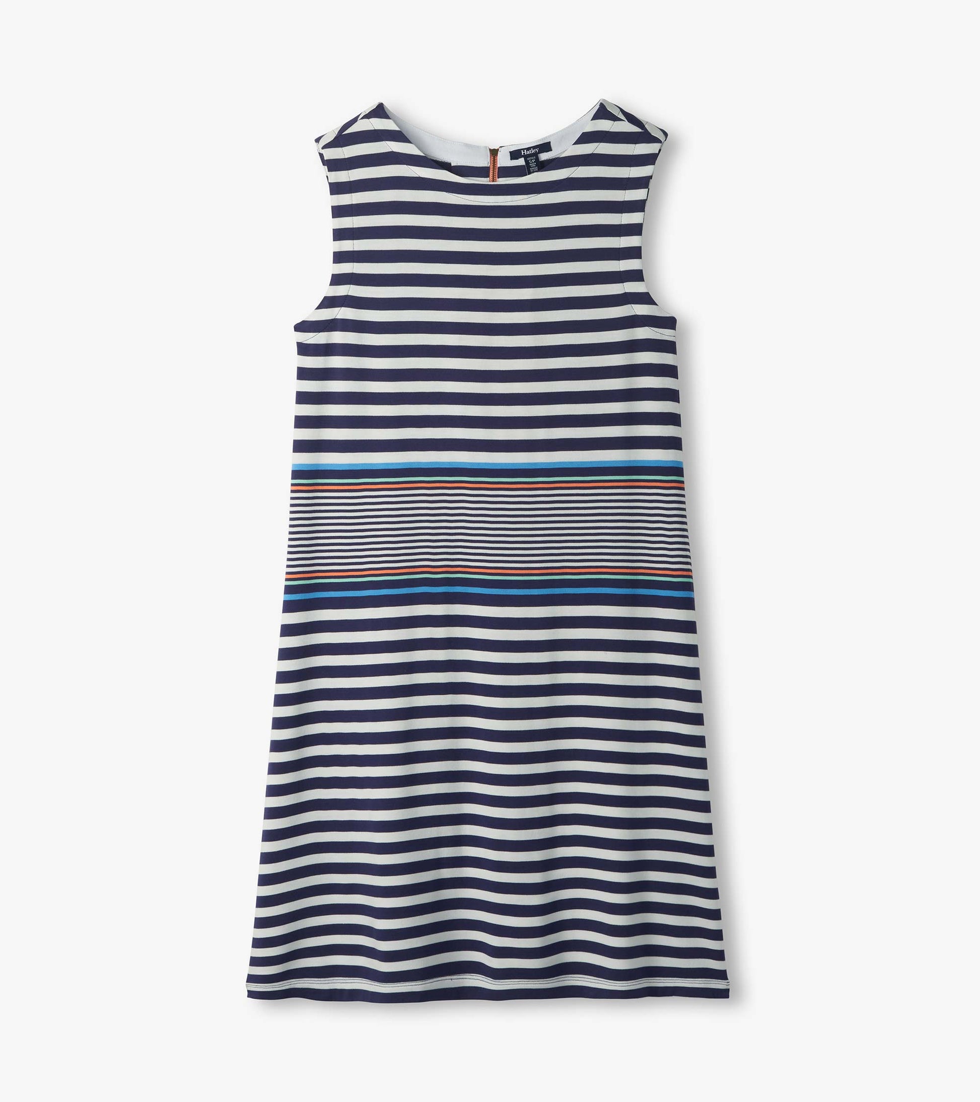 Sleeveless navy and white striped dress with multicolor horizontal accent bands, front view