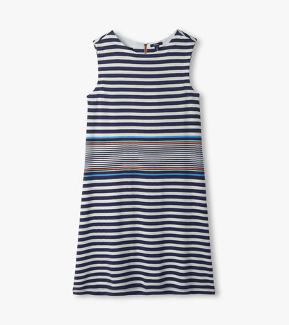 Sleeveless navy and white striped dress with multicolor horizontal accent bands, front view