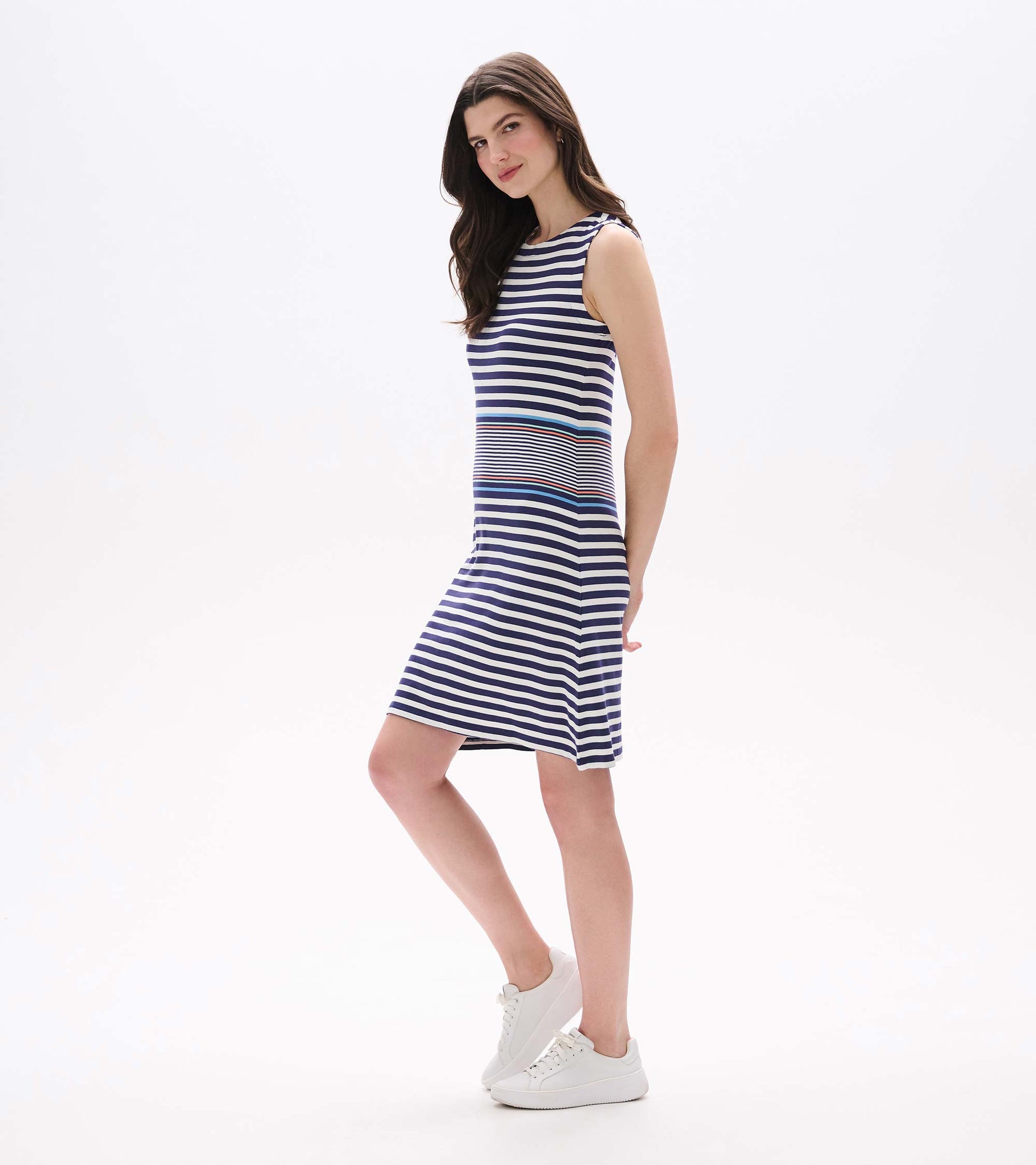 Sleeveless navy and white striped knee-length dress with multicolor horizontal stripe detail at the waist, front view