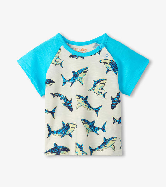Baby boys' raglan T-shirt with turquoise sleeves and white shark print front