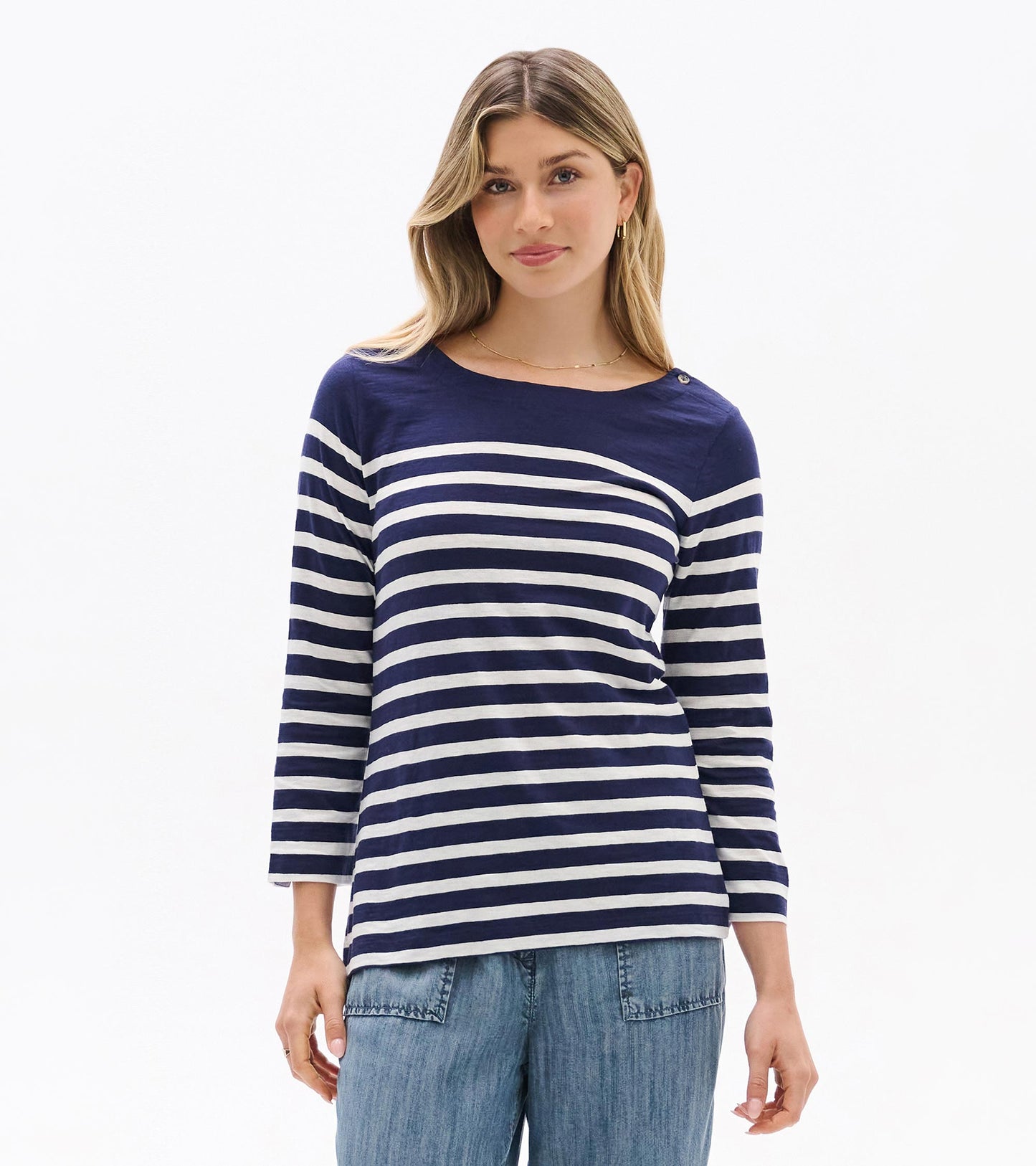 Navy and white striped long-sleeve boat-neck top with button detail at the shoulder, front view.