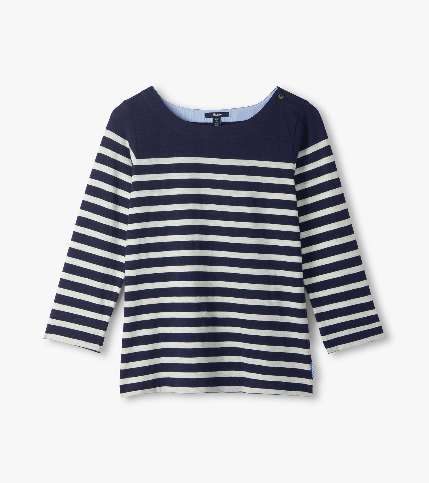 Navy and white striped long-sleeve boat neck top with button shoulder detail, front view