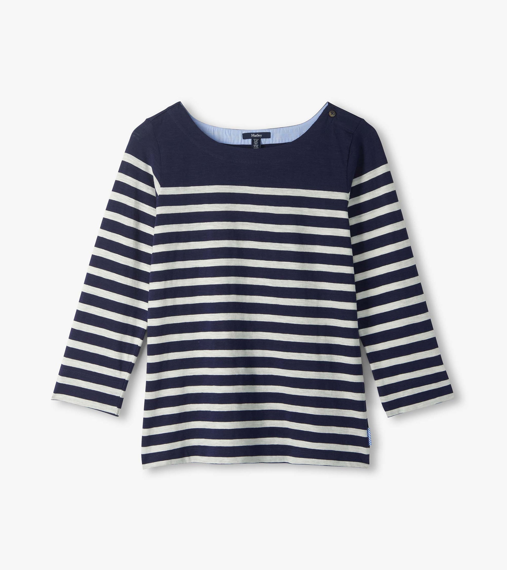 Navy and white striped long-sleeve boat neck top with button shoulder detail, front view