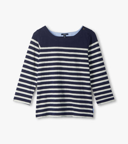 Navy and white striped long-sleeve boat neck top with button shoulder detail, front view