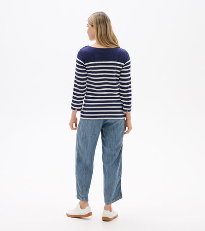 Back view of navy and white striped long-sleeve top with boat neckline and three-quarter sleeves, worn with jeans.