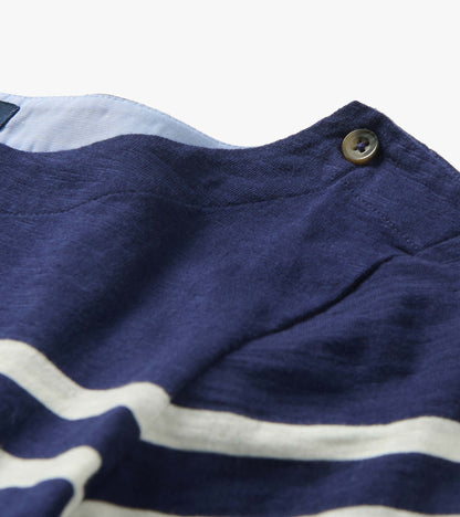 Close-up of navy and white striped knit top with button detail at the shoulder.