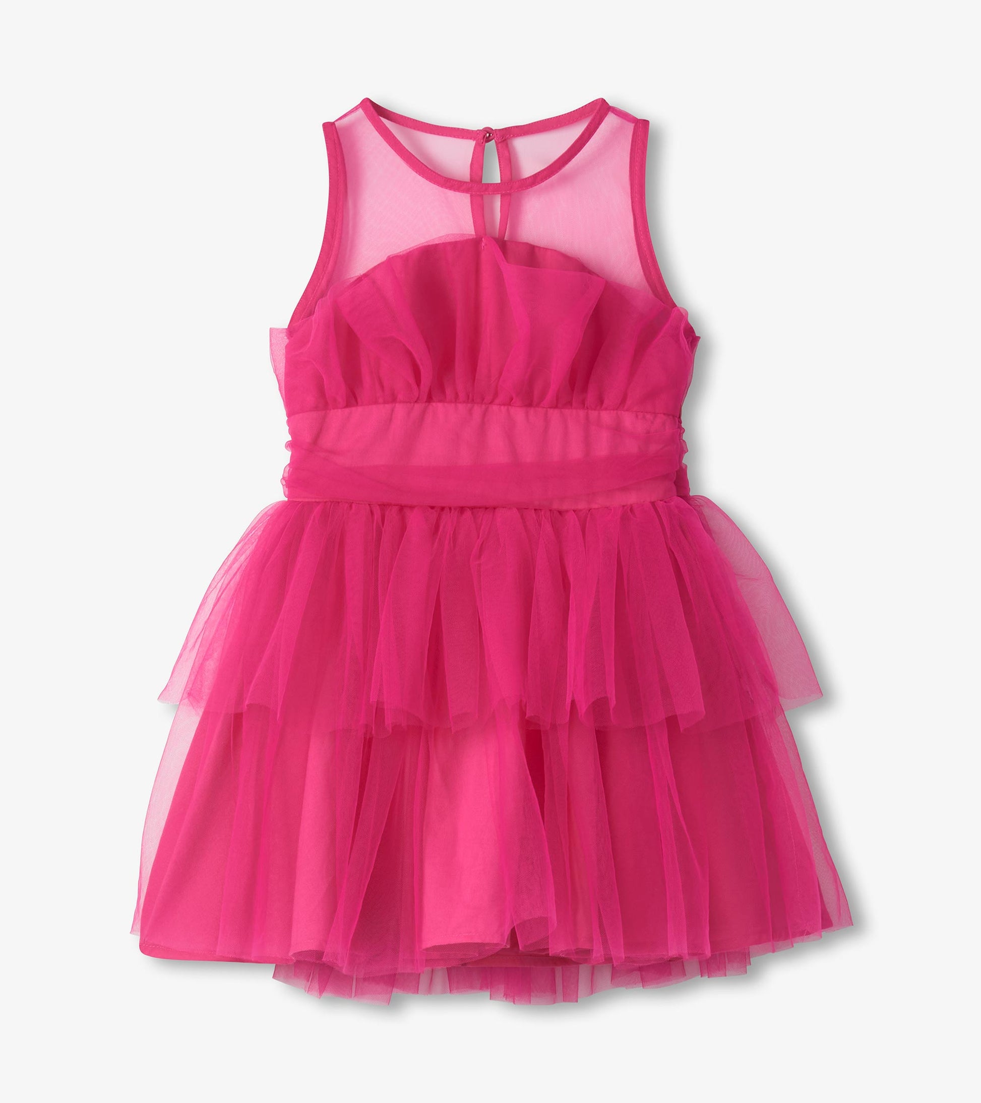 Fuchsia sleeveless party dress with sheer round neckline, ruched waistband, and layered tiered tulle skirt