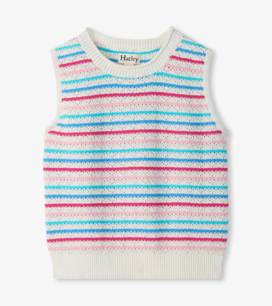 Girls white crochet tank top with pink, blue, and turquoise horizontal stripes, front view