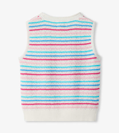 Girls sleeveless crochet tank top with white base and pink, blue, and aqua horizontal stripes, front view