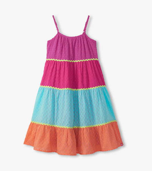 Girls rainbow color block strappy midi dress with tiered pink, blue, and orange skirt and thin straps
