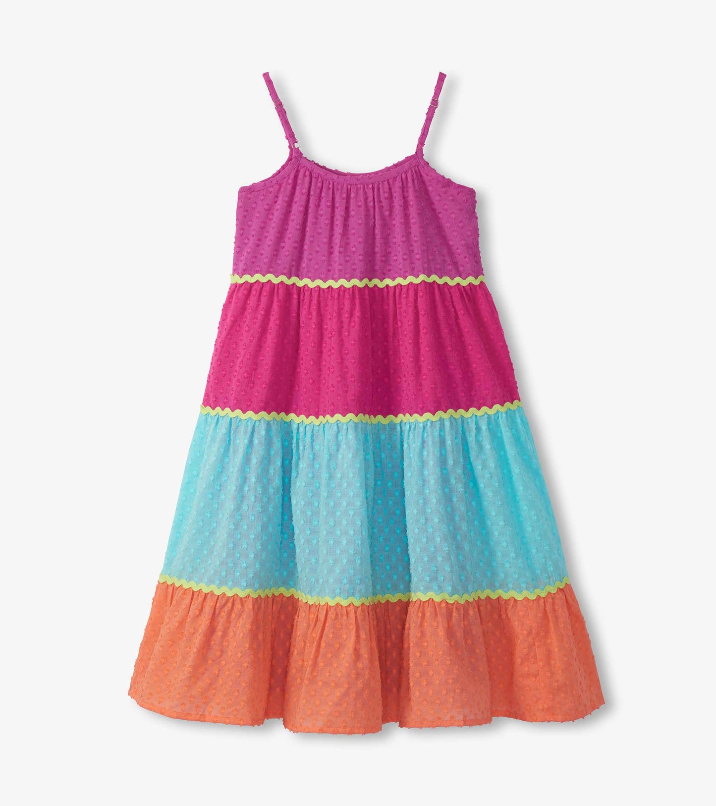 Girls rainbow color block strappy midi dress with pink, blue, and orange tiers and ruffled trim