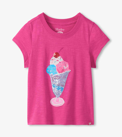 Pink short-sleeve girls T-shirt with a sequined ice cream sundae graphic, front view