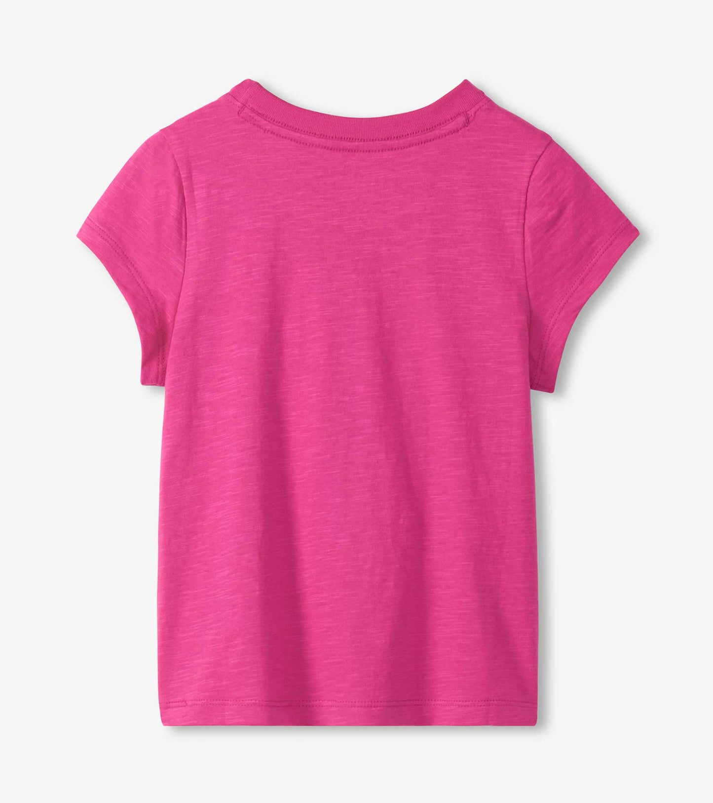 Pink short-sleeve girls T-shirt with a crew neck, shown from the back on a white background