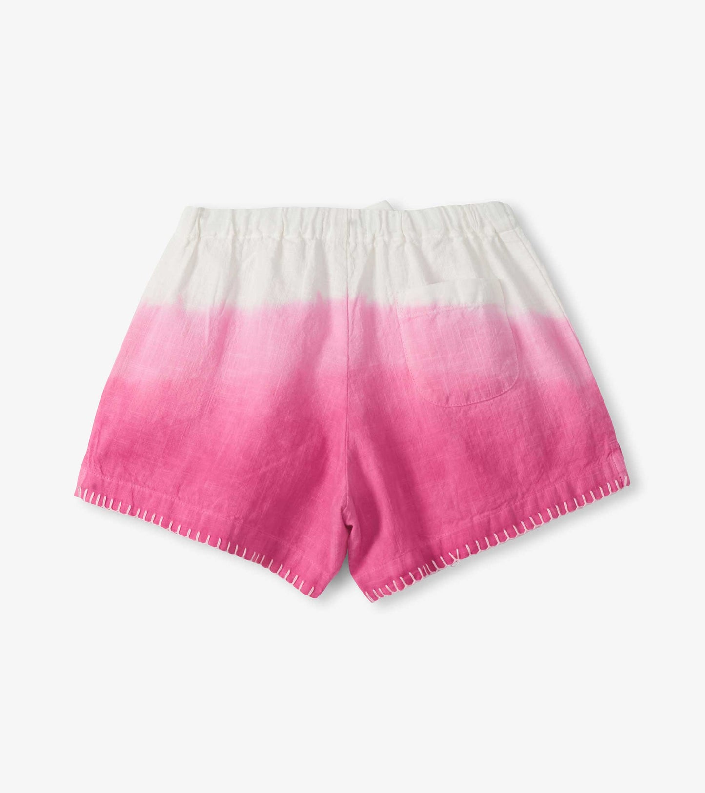 Girls pink and white dip-dye woven shorts with elastic waist and stitched hem, front view
