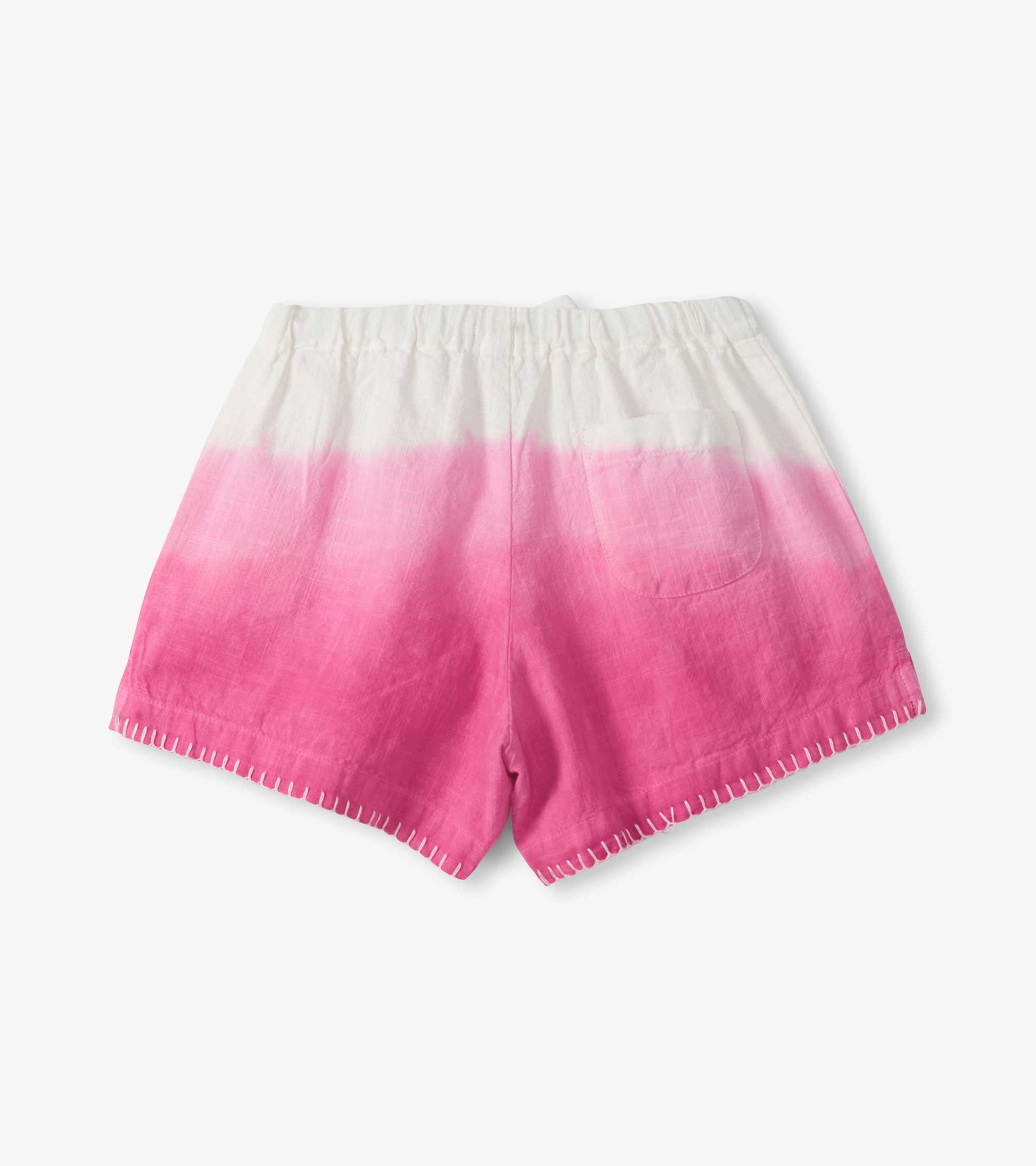 Girls pink and white dip-dye woven shorts with elastic waist and stitched hem, front view