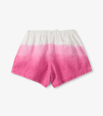 Girls pink and white dip-dye woven shorts with elastic waist and stitched hem, front view