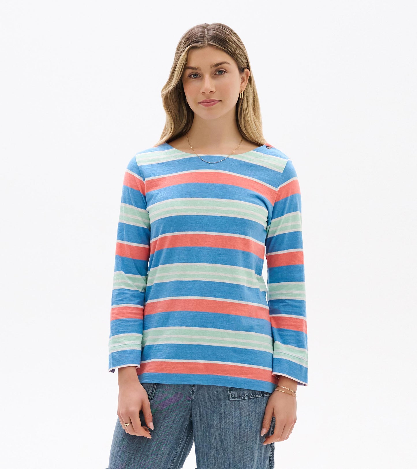 Front view of a long-sleeve striped top in blue, coral, and mint with a boat neckline.