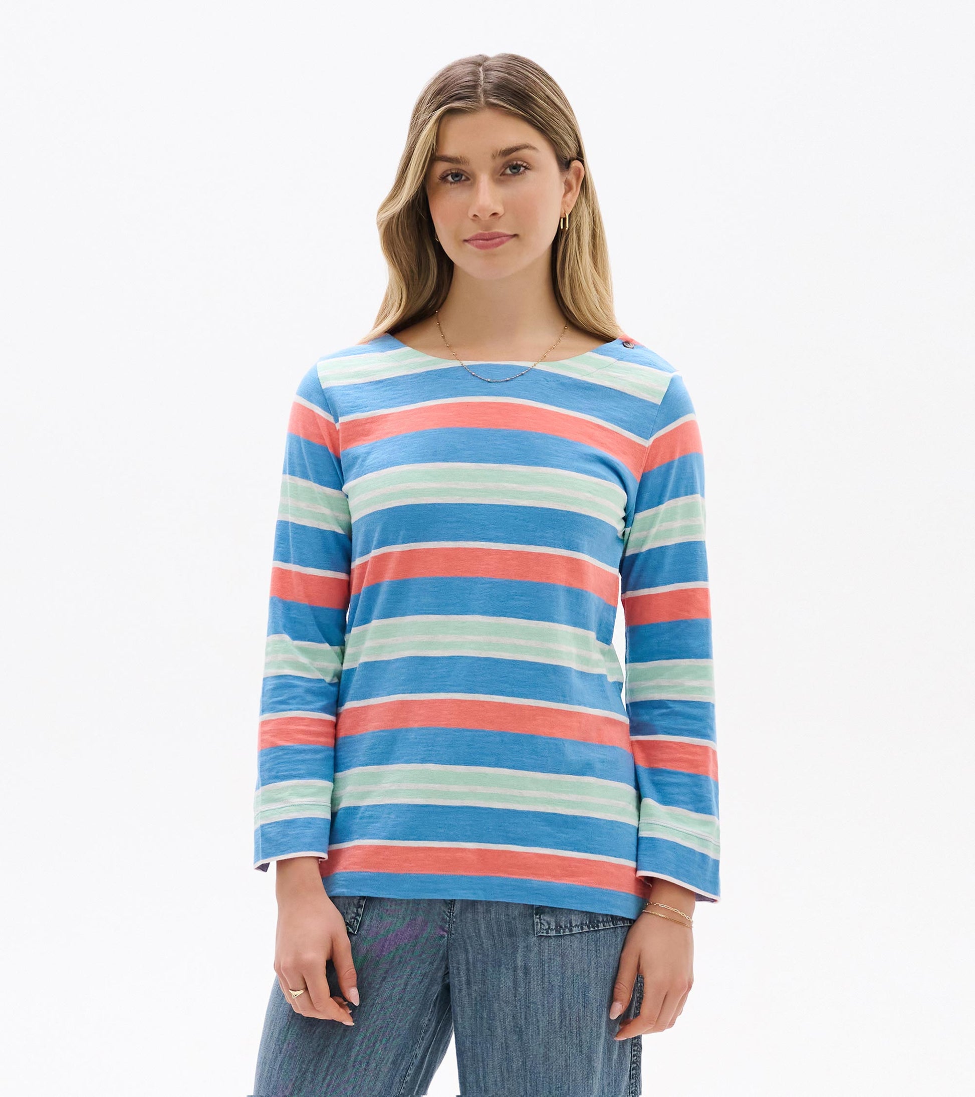 Front view of a long-sleeve striped top in blue, coral, and mint with a boat neckline.