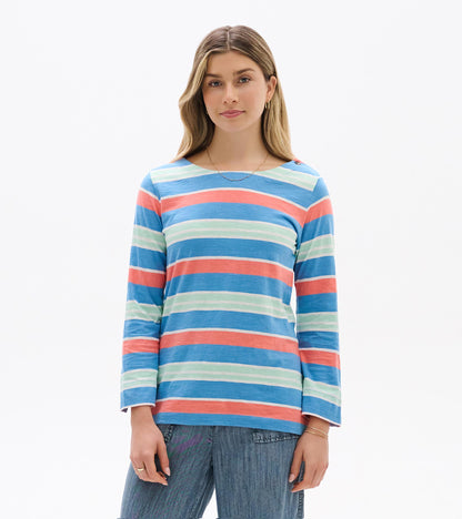Front view of a long-sleeve striped top in blue, coral, and mint with a boat neckline.