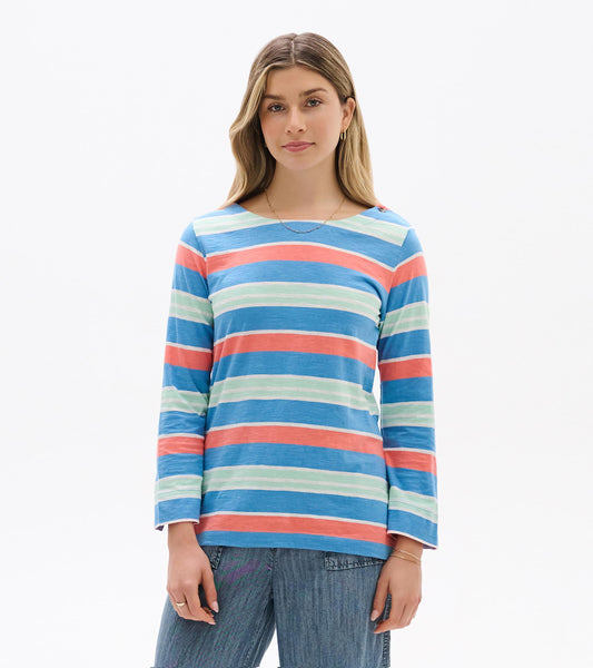Front view of a long-sleeve striped top in blue, coral, and mint with a boat neckline.