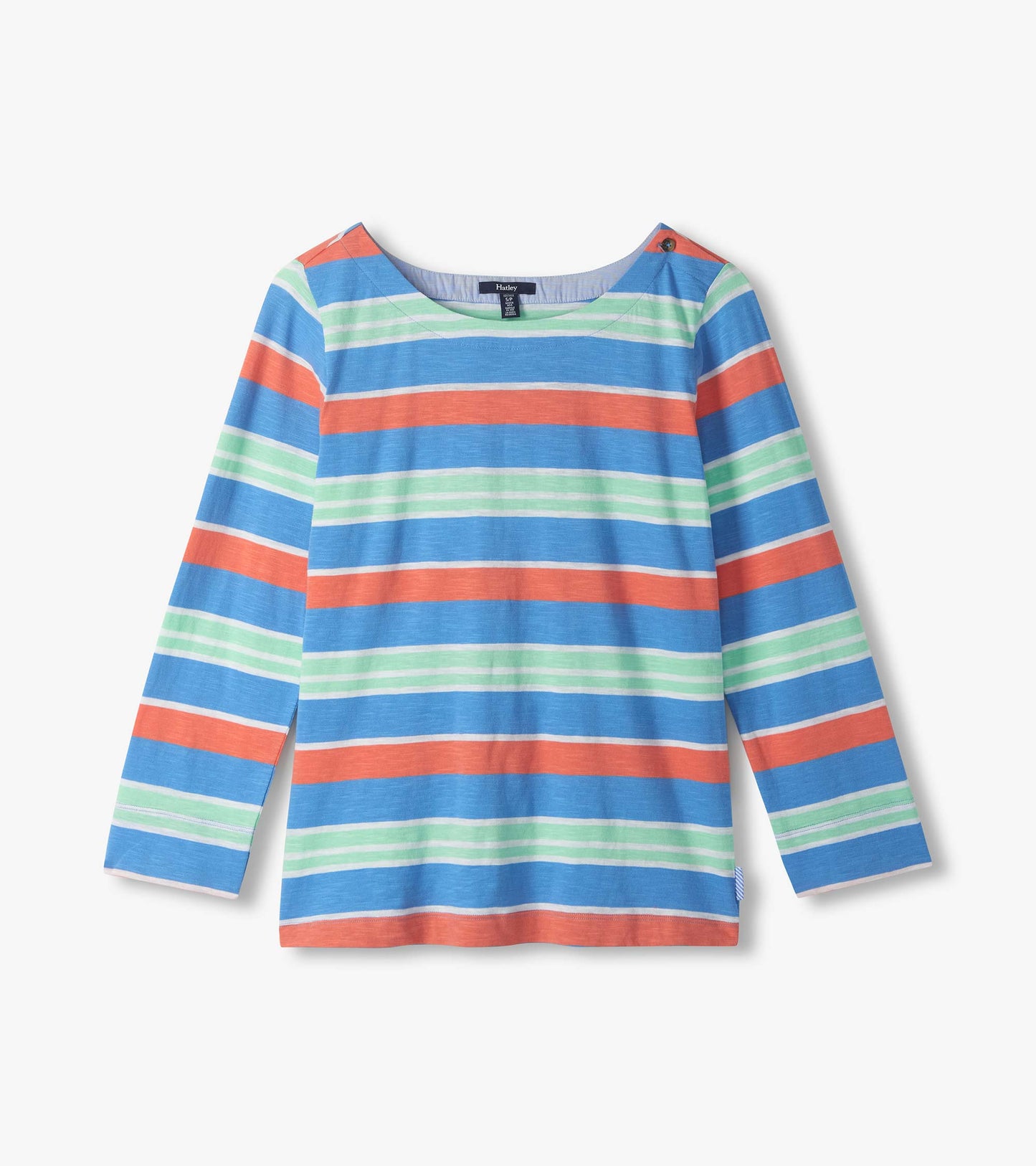 Long-sleeve striped Breton top in blue, coral, and mint with a boat neckline and button shoulder detail
