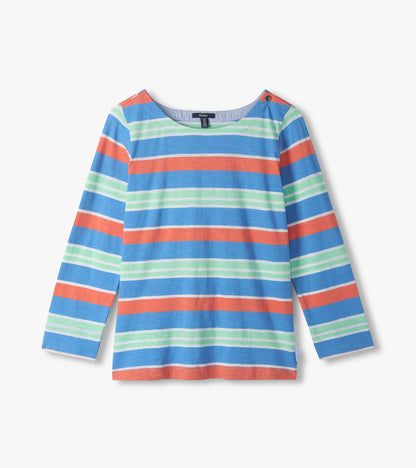 Long-sleeve striped Breton top in blue, coral, and mint with a boat neckline and button shoulder detail