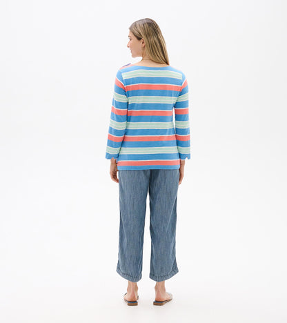 Back view of a blue striped long-sleeve top with coral and mint horizontal stripes