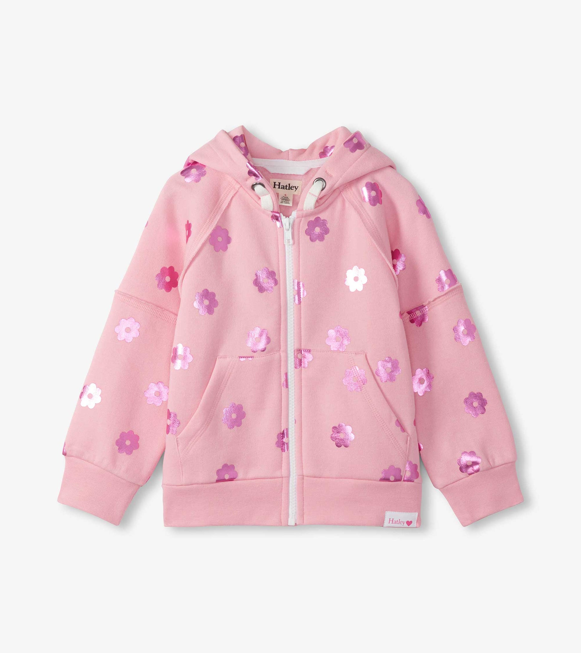 Pink girls' full-zip hoodie with purple floral print, hood, front pockets, and long sleeves