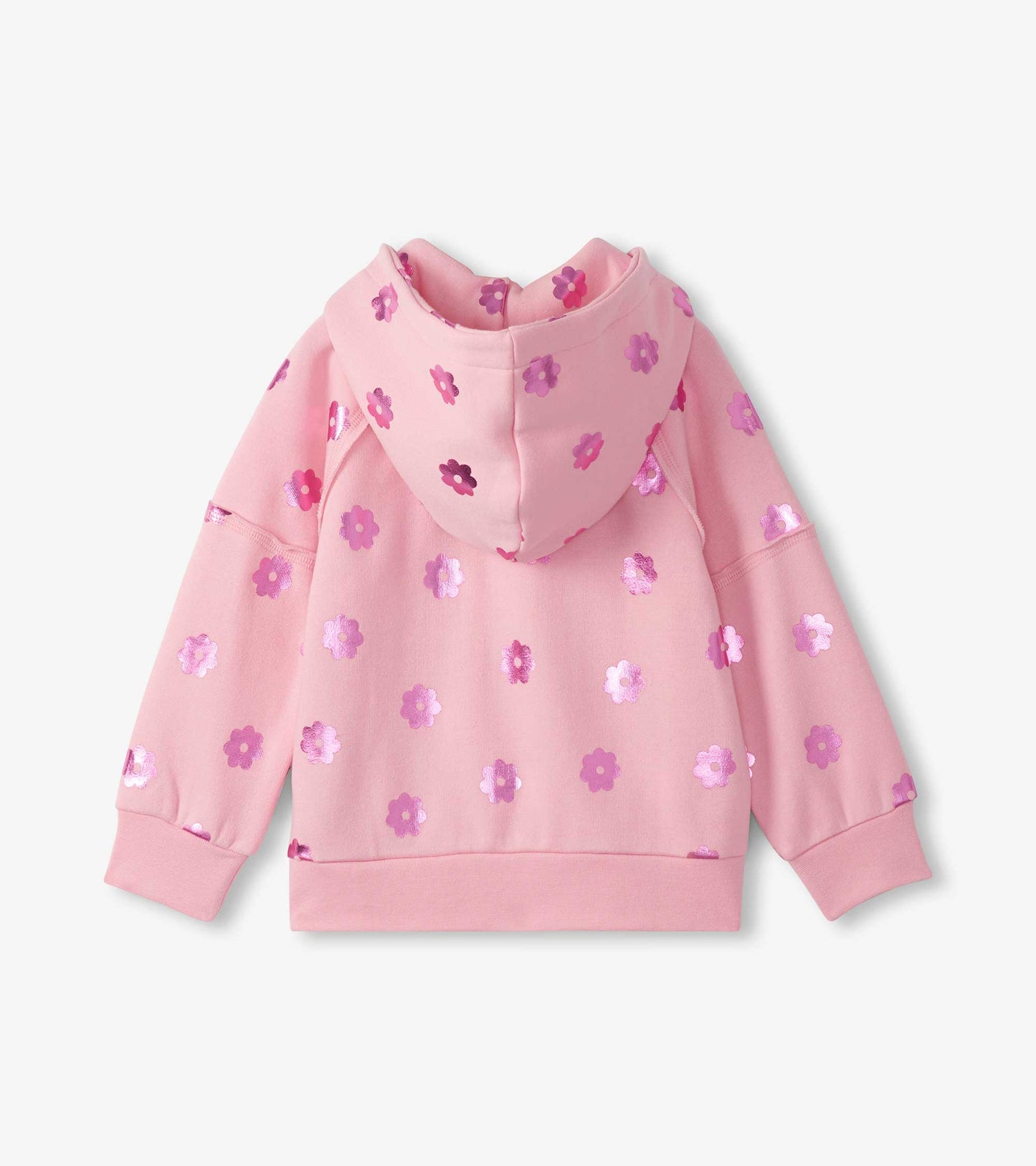 Pink girls' full-zip hoodie with hood and allover purple flower print, back view