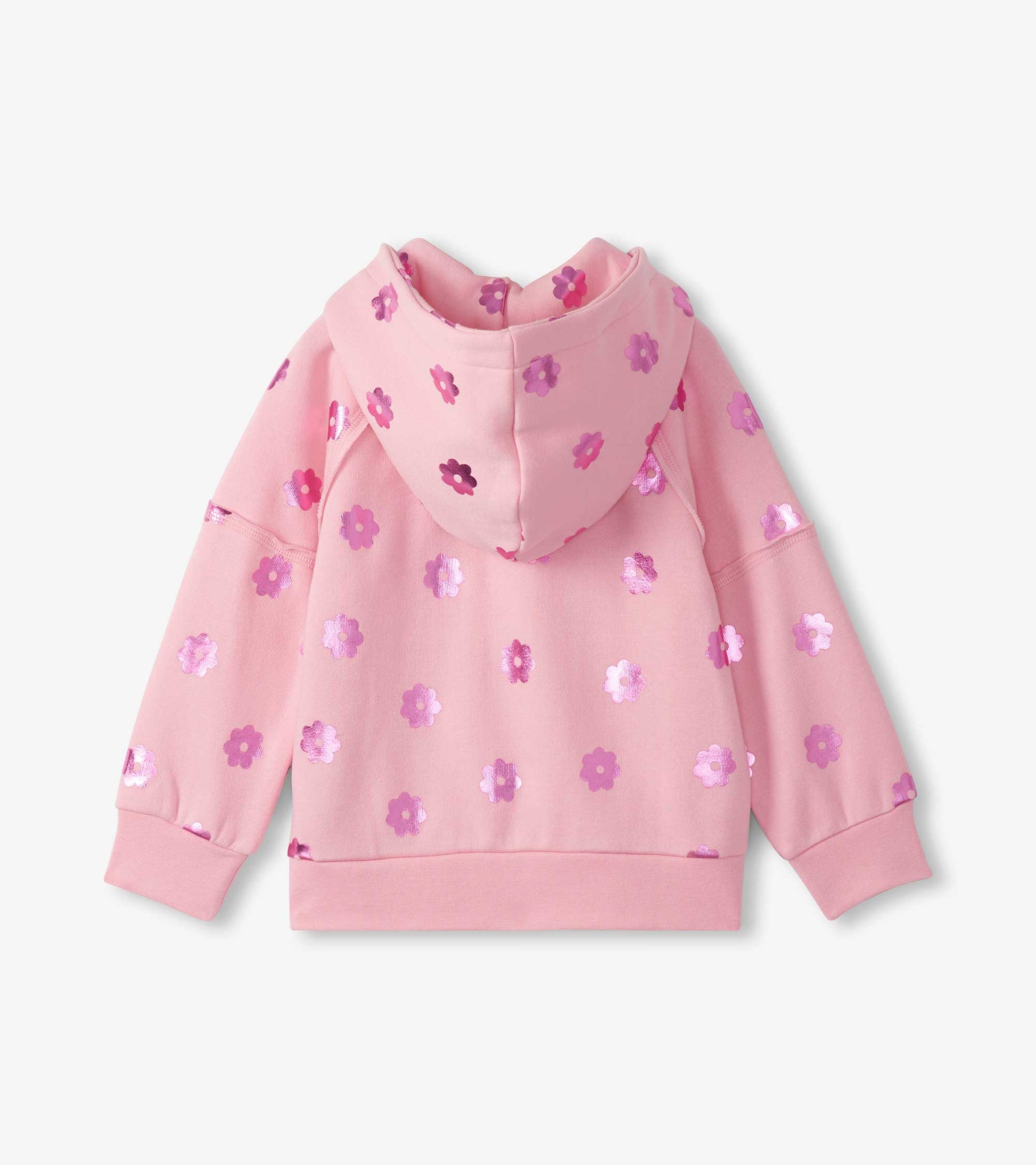 Pink girls' full-zip hoodie with hood and allover purple flower print, back view