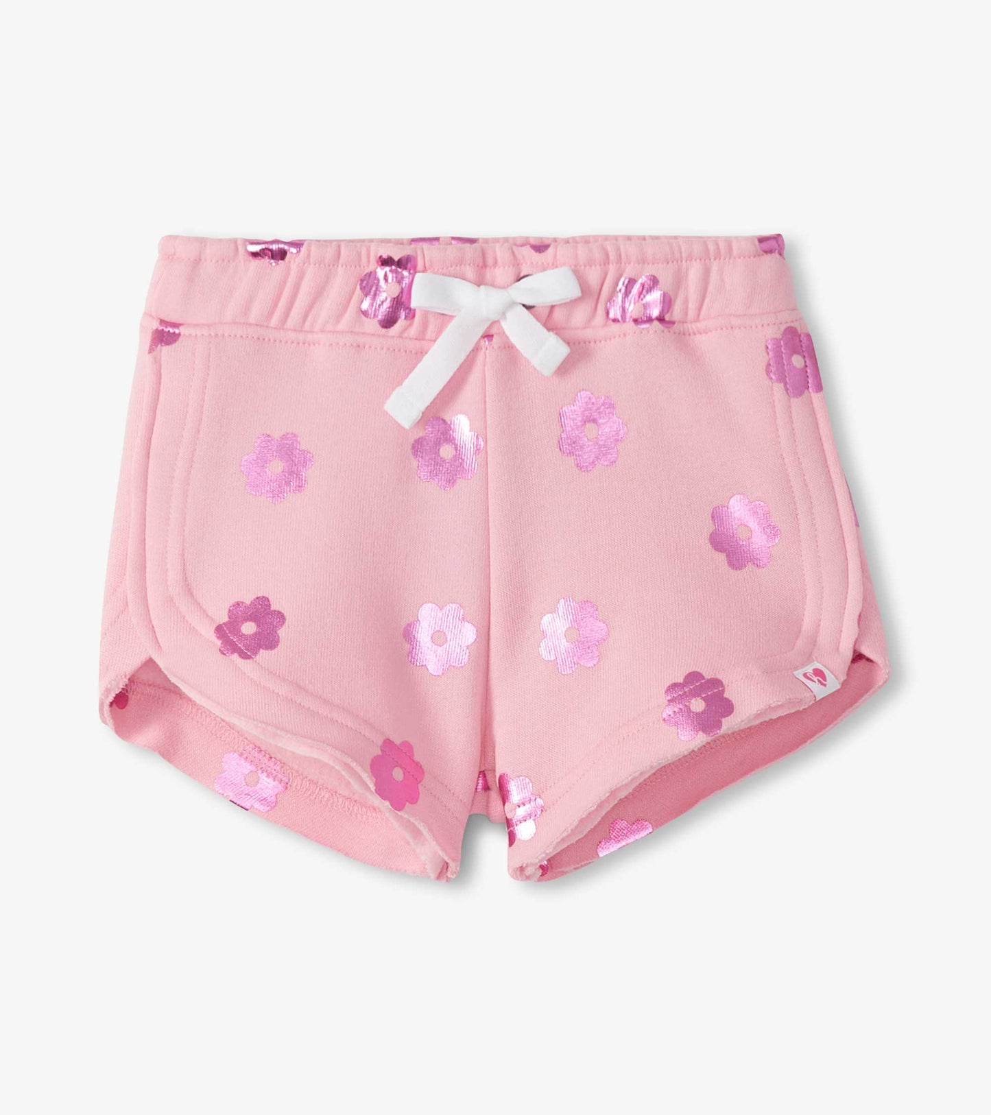 Pink girls pull-on shorts with purple floral print and white drawstring, front view