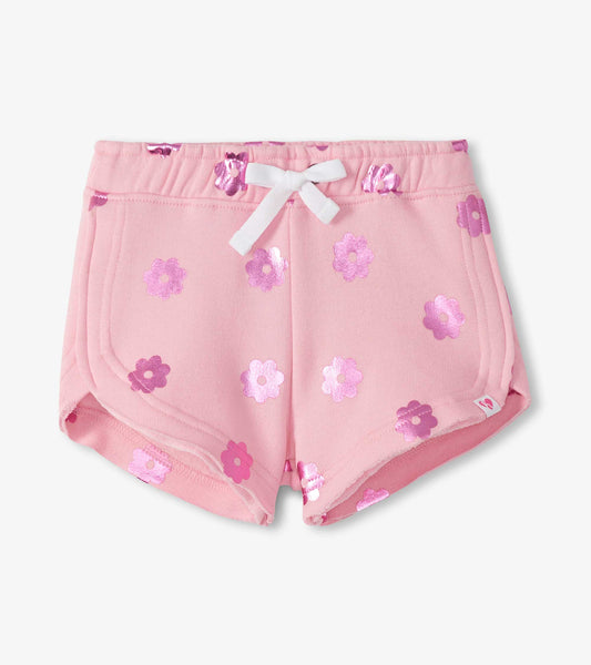 Pink girls pull-on shorts with purple floral print and white drawstring, front view