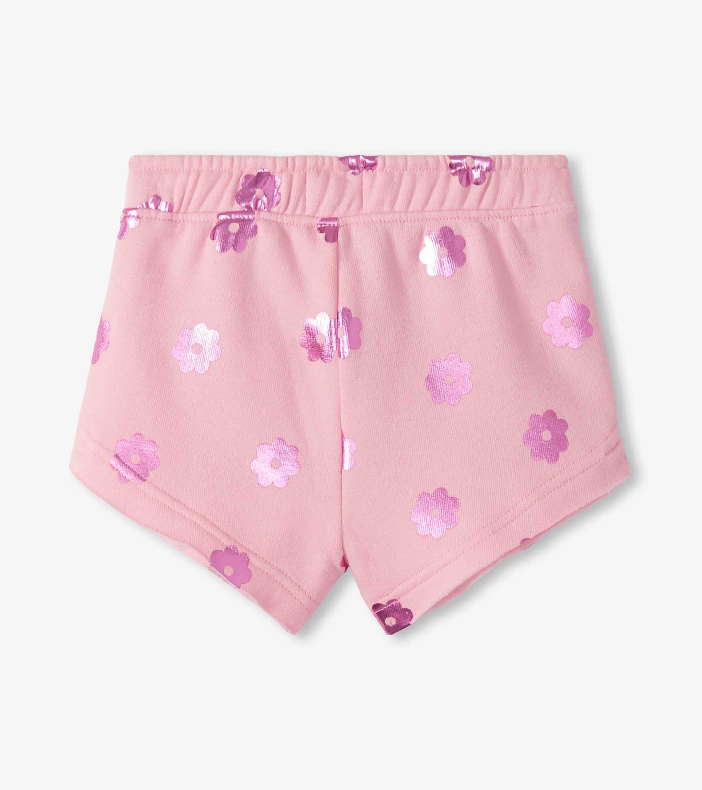 Pink pull-on shorts with purple and pink floral print, front view