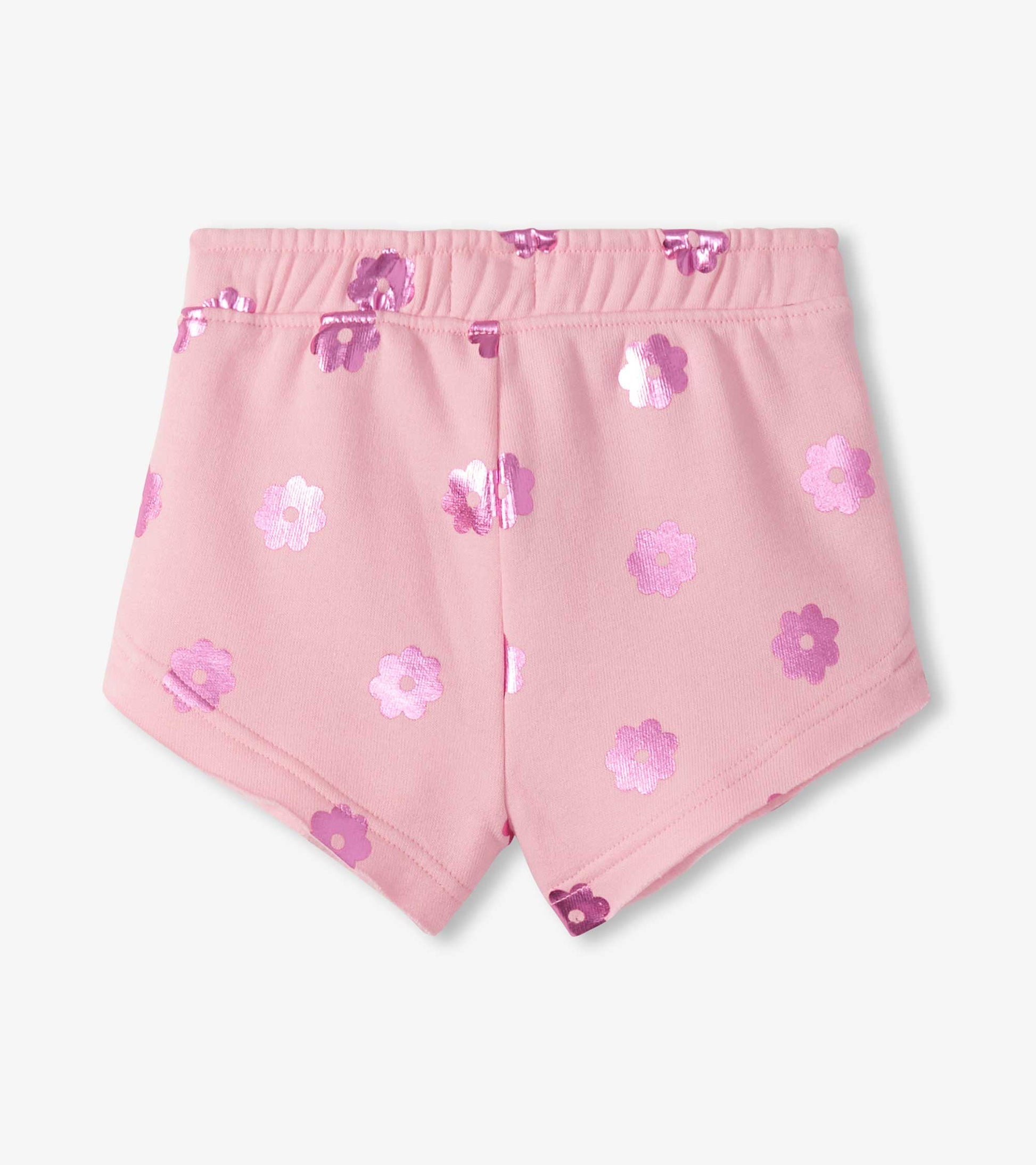 Pink pull-on shorts with purple and pink floral print, front view