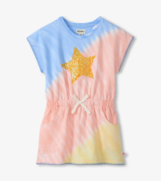Girls tie-dye pull-on dress with sequined star, short sleeves, elastic waist, and front pockets