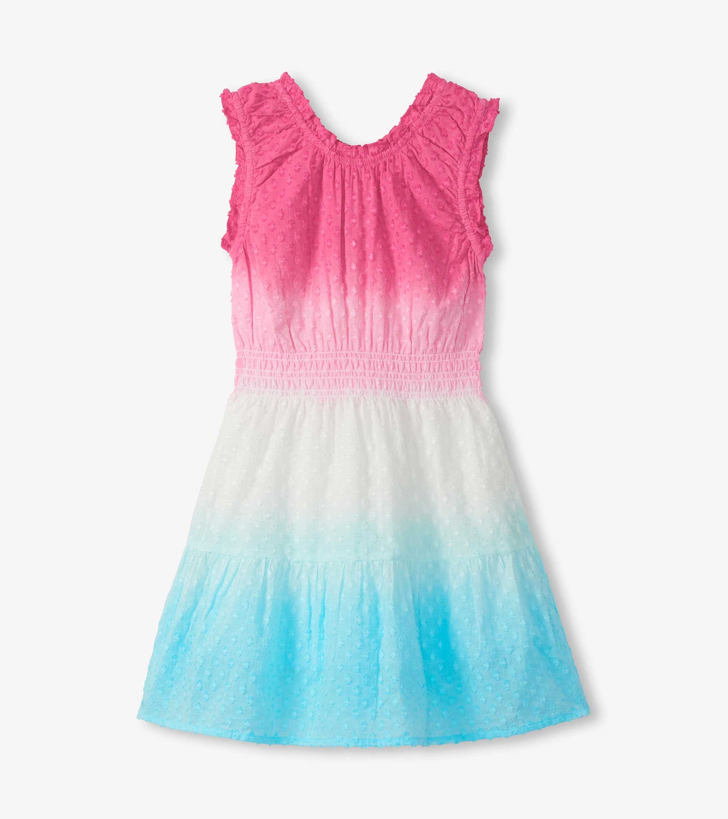 Girls sleeveless gathered dress with pink-to-white-to-blue dip dye and textured fabric, front view