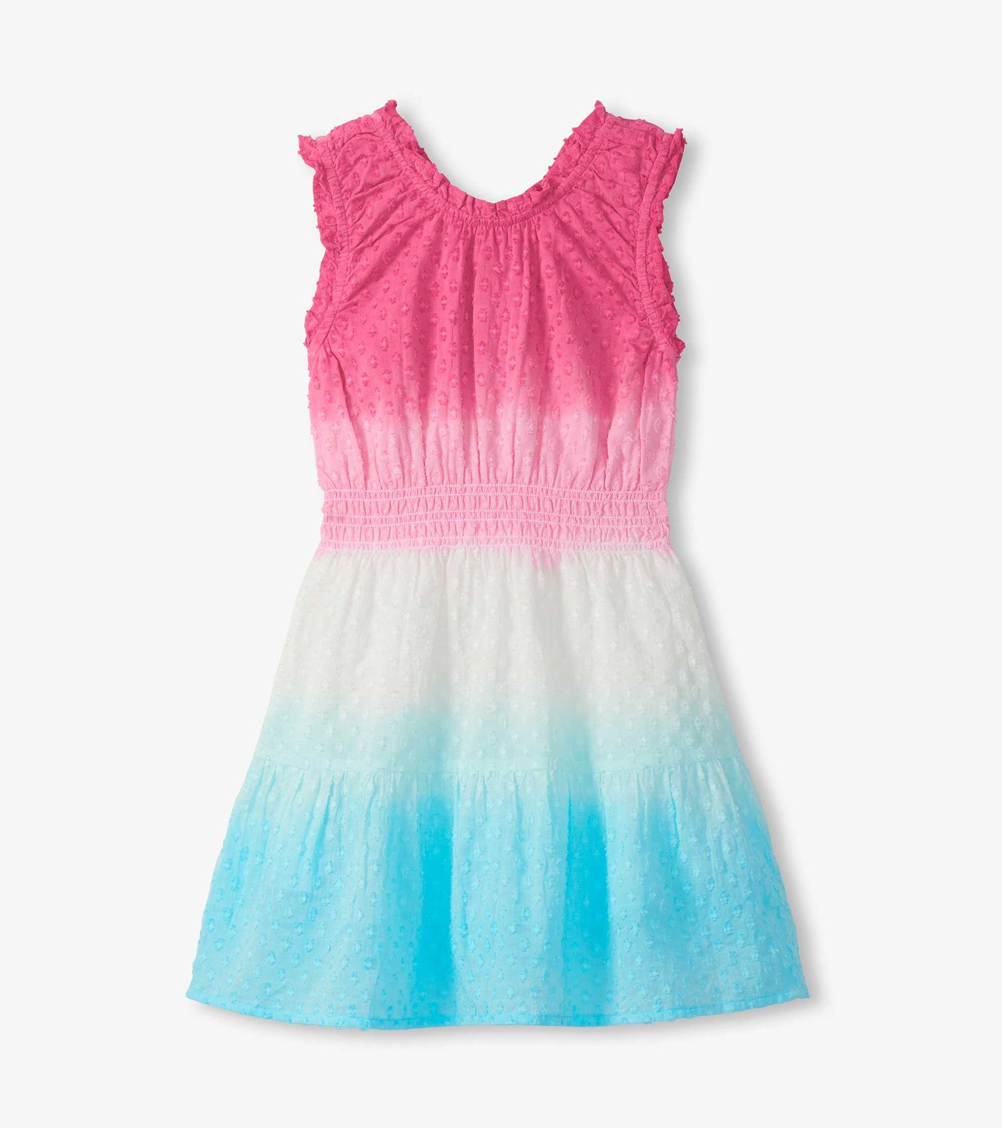 Girls sleeveless gathered dress with pink-to-white-to-blue dip dye and textured fabric, front view