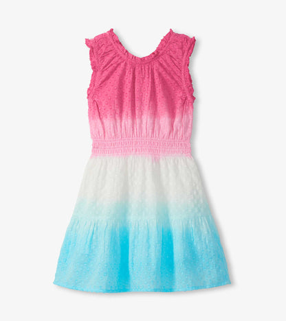 Girls sleeveless gathered dress with pink-to-white-to-blue dip dye and textured fabric, front view