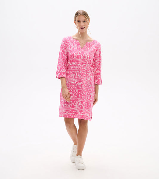 Pink patterned knee-length dress with notch neck and 3/4 sleeves, shown on model front view