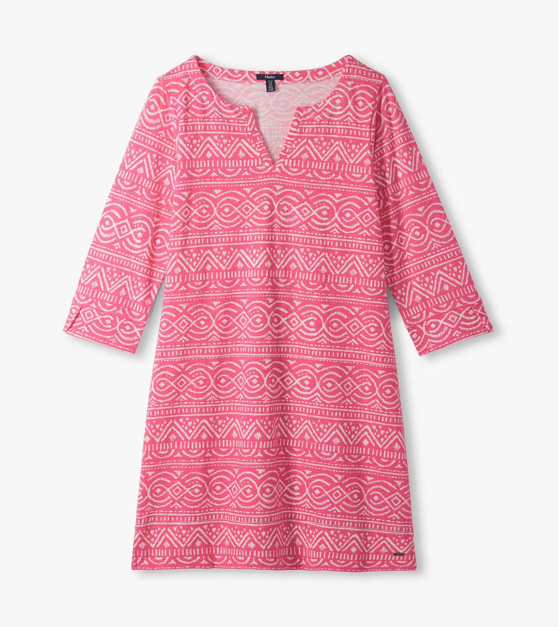 Pink three-quarter sleeve dress with white geometric sketched pattern and notch neckline, front view