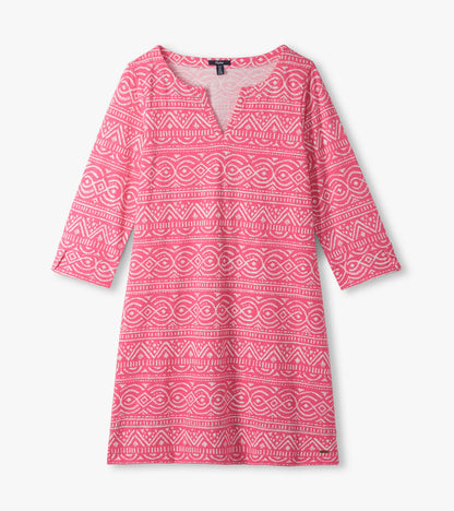Pink three-quarter sleeve dress with white geometric sketched pattern and notch neckline, front view