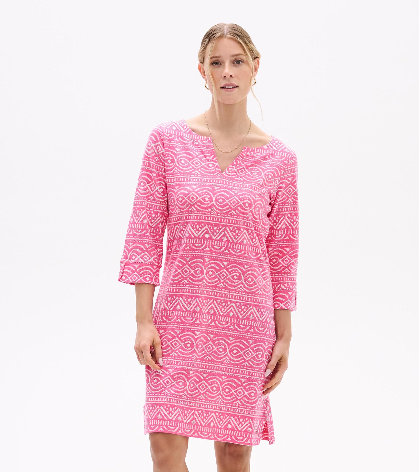 Pink patterned knee-length dress with notch neck and three-quarter sleeves, front view