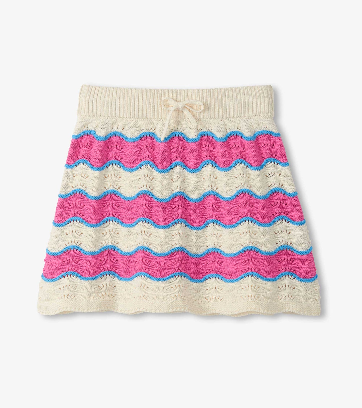 Girls cream knit skirt with pink and blue wavy stripes and drawstring waist, front view