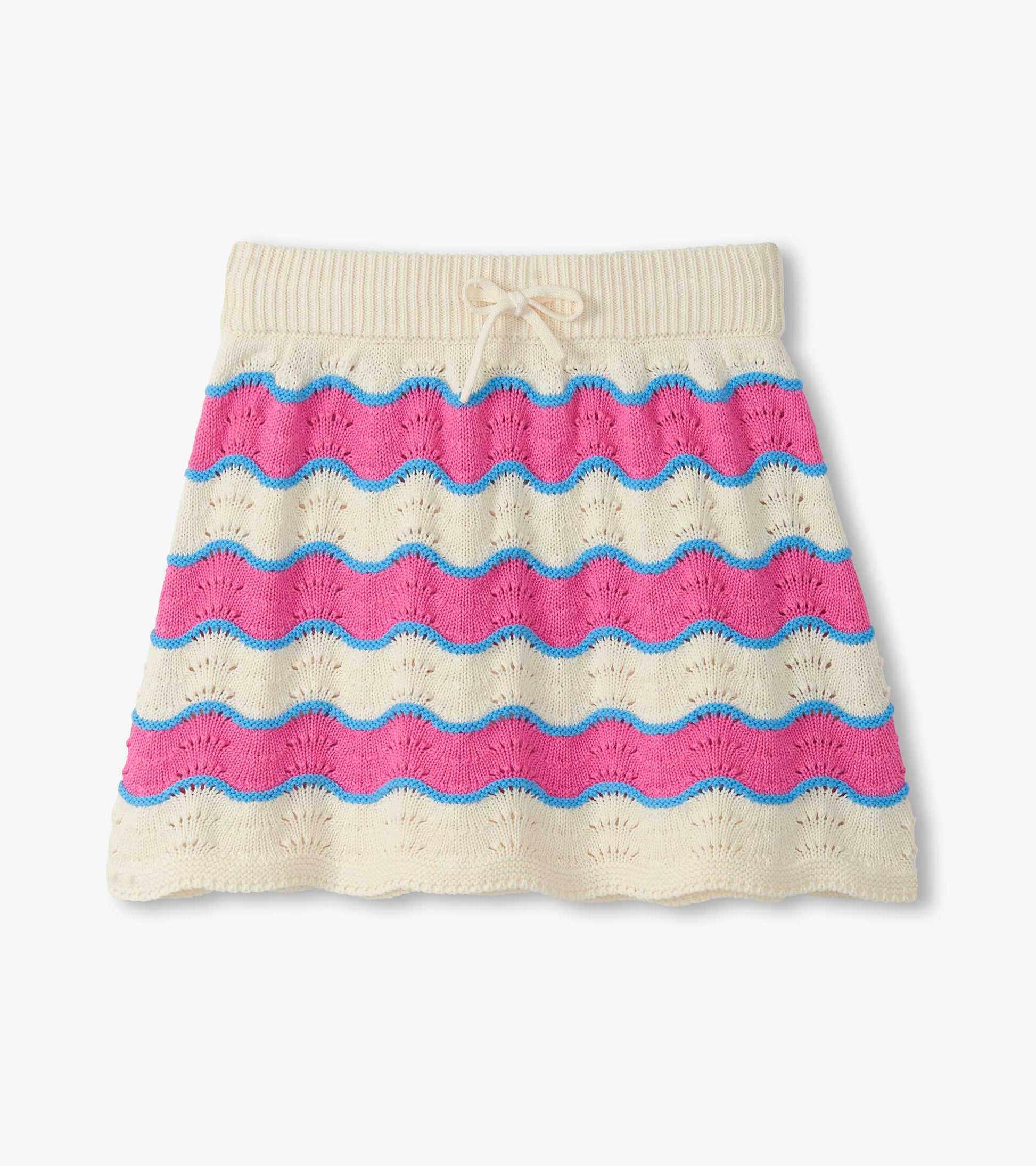 Girls cream knit skirt with pink and blue wavy stripes and drawstring waist, front view