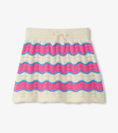 Girls cream knit skirt with pink and blue wavy stripes and drawstring waist, front view